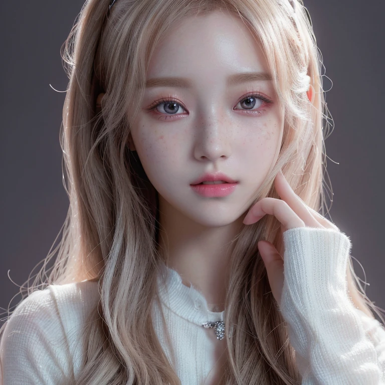 a close up of a girl with long hair wearing a tiable, 8k high quality detailed art, anime barbie in white, hyperdetailed fantasy character, cute detailed digital art, white skin and reflective eyes, detailed white long hair, artwork in the style of guweiz, detailed body and eyes, white detailed eyes, 3 d anime realistic, fantasy art styleskydoll noa, artdoll, pale milky white porcelain skin, dollfie dream, anime barbie doll, detailed body and eyes, ball jointed doll, 🤤 girl portrait, hyper realistic aesthetic, small freckles, hyper realistic teenager, barbie doll, freckles!!!, detailed face, realistic, Físico : el abdomen más pequeño jamás visto, jisoo from blackpink, popular south korean makeup, quality detailed ,(beautiful makeup :1.2),