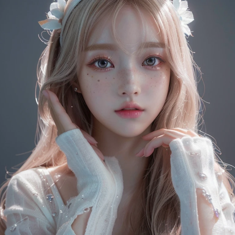 a close up of a girl with long hair wearing a tiable, 8k high quality detailed art, anime barbie in white, hyperdetailed fantasy character, cute detailed digital art, white skin and reflective eyes, detailed white long hair, artwork in the style of guweiz, detailed body and eyes, white detailed eyes, 3 d anime realistic, fantasy art styleskydoll noa, artdoll, pale milky white porcelain skin, dollfie dream, anime barbie doll, detailed body and eyes, ball jointed doll, 🤤 girl portrait, hyper realistic aesthetic, small freckles, hyper realistic teenager, barbie doll, freckles!!!, detailed face, realistic, Físico : el abdomen más pequeño jamás visto, jisoo from blackpink, popular south korean makeup, quality detailed ,(beautiful makeup :1.2),