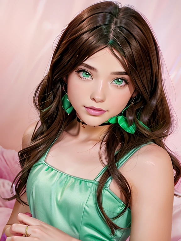 long hair, Brown hair, 1 girl, emerald green eyes, wave with two fingers, pink lips, pastel green dress,