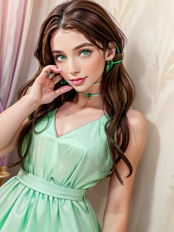 long hair, Brown hair, 1 girl, emerald green eyes, wave with two fingers, pink lips, pastel green dress,