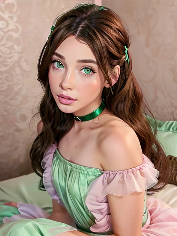 long hair, Brown hair, 1 girl, emerald green eyes, wave with two fingers, pink lips, pastel green dress,