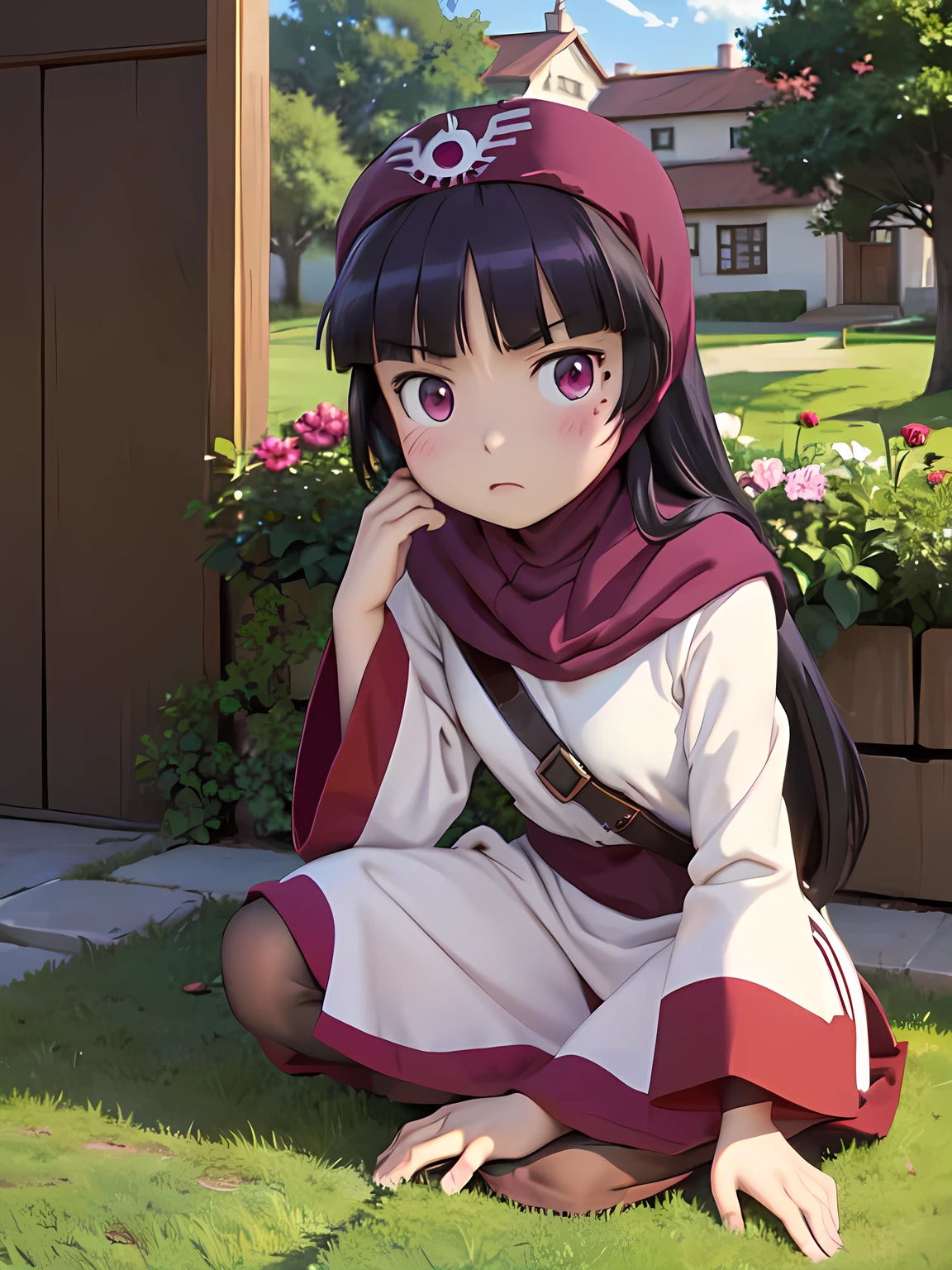 (ruri gokou), 1 Female, solo, (dqPOM), red hood, Robe, purple hood,  Hime cut, Black Hair, Long Hair, mole, blush, Red ribbon, garden, full body