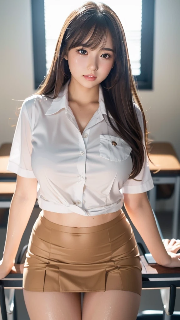 Create a woman named Júlia, brunette with long hair, defined muscles, blouse pants, High quality realistic image very realistic face ,in not very muscular clothes and muscles, in an office, name on panther calisthenics blouse that suits a woman, Brazilian woman personality.