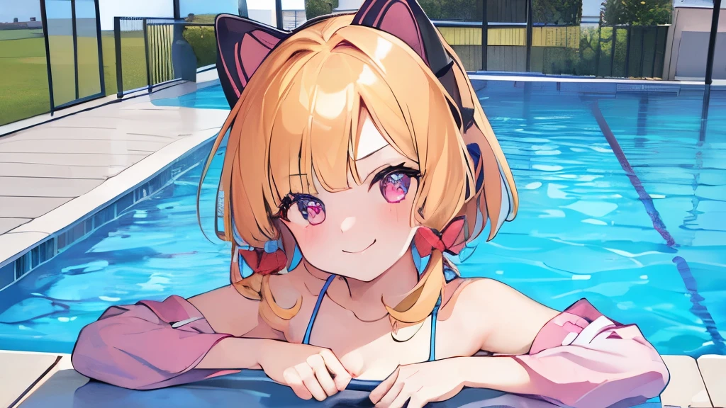 Masterpiece, Best Quality, extremely detailed, cheered up, Cat ears girl ,night pool,high waist bikini,SMILE,:d,action,ass focus