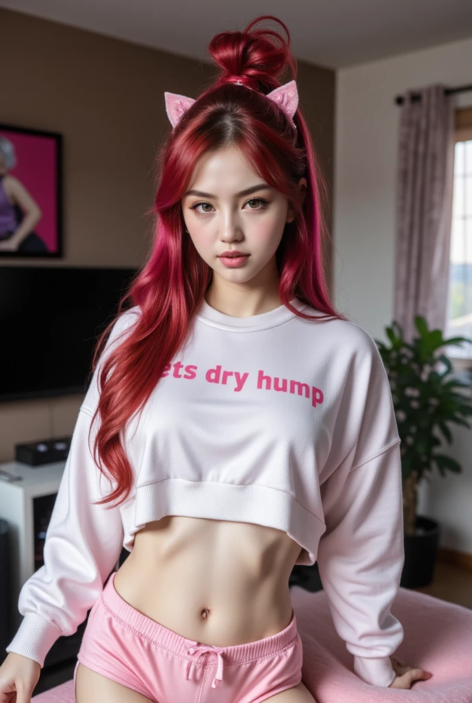 A flash photo of 19 year-old Max3n3 shot using a mobile phone. She is standing inside a bedroom wearing an oversized white shirt with text that reads "LET'S DRY HUMP" and pink boxers. She has a red hair and messy bun and has a naughty and seductive look