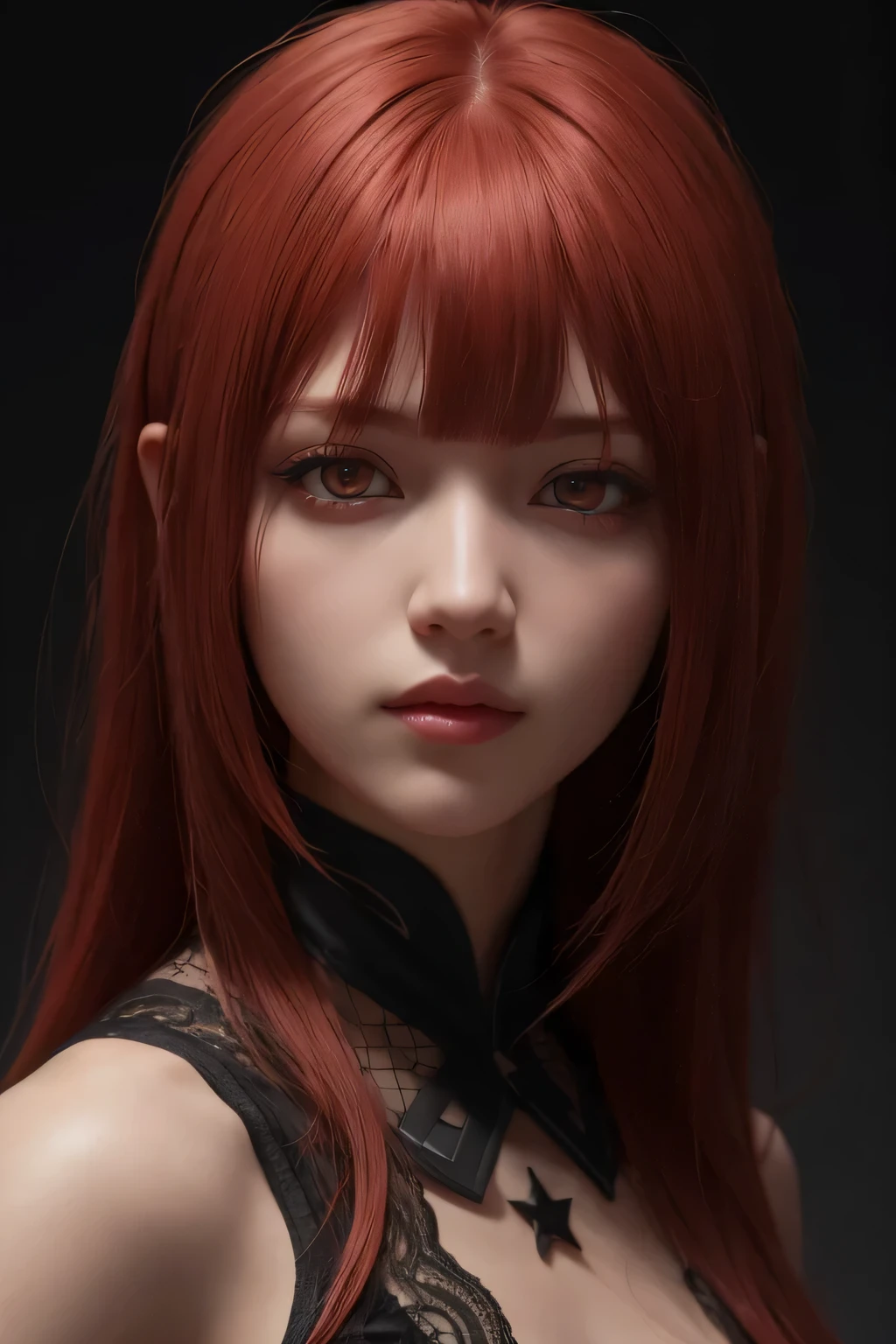 1girl in, star eye, blush, Perfect Illumination, Red hair, Red Eyes, Unreal Engine, side lights, Detailed face, Bangs, bright skin,  background, Dark background,