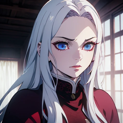 a beautiful young woman with long white hair with wine red tips, red eyeliner, blue eyes, a serious and sad gaze, pale skin, wearing a dress with red details, (best quality,4k,8k,highres,masterpiece:1.2),ultra-detailed,(realistic,photorealistic,photo-realistic:1.37),portrait,fantasy,dramatic lighting,moody,cinematic