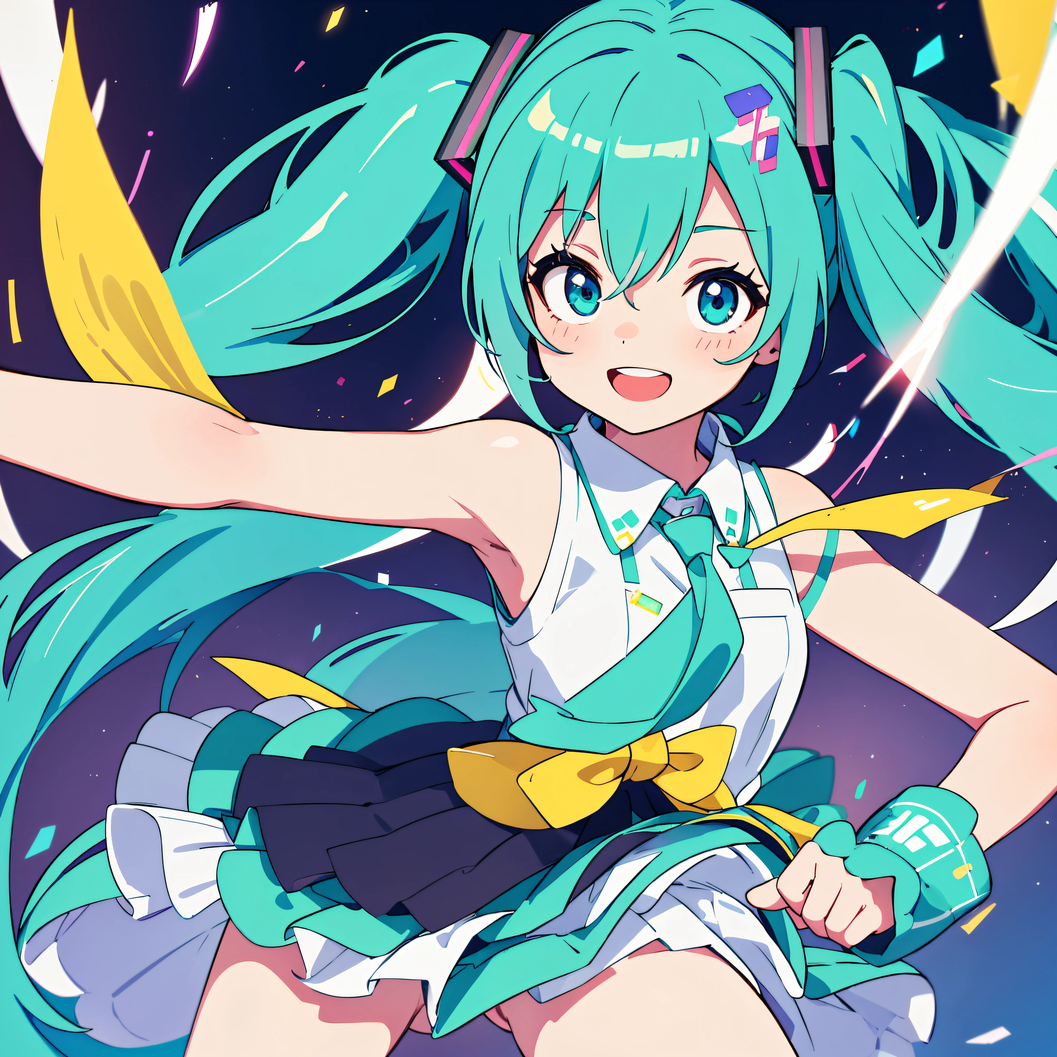 Only One Girl, One girl, Hatsune Miku, On the concert stage, Happy Face, Very big smile, Smooth color, Great details