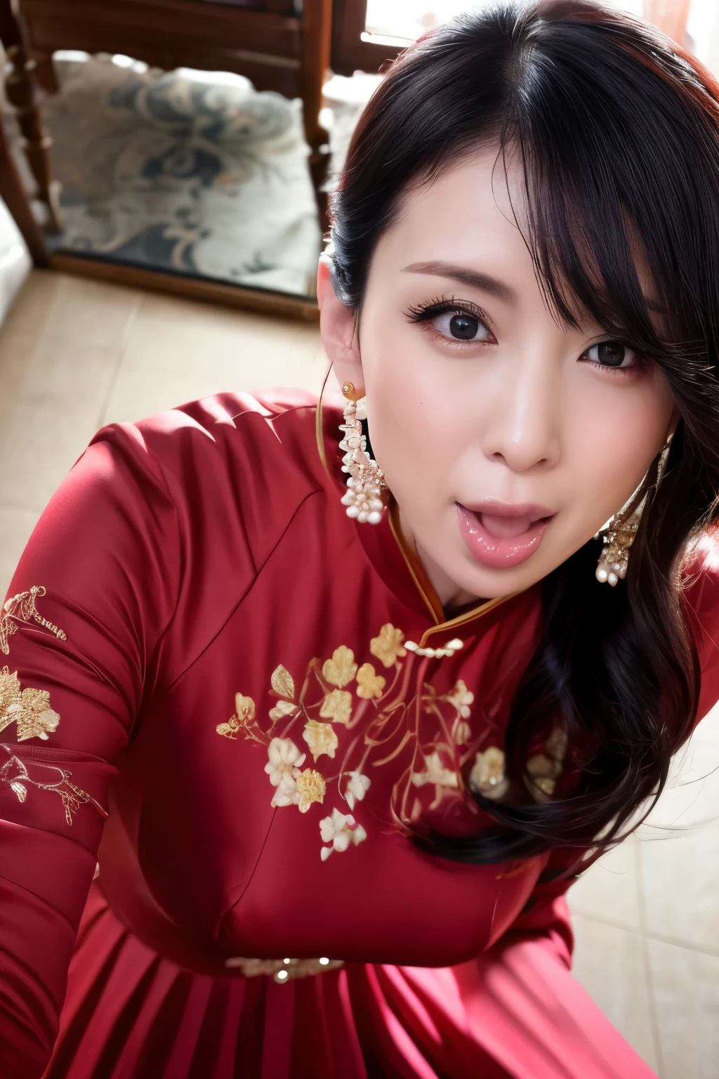 NSFW、Deep Kiss、Open your mouth、Blowjob、Beautiful Hair、Ao dai outfit、from above、Orgasm Facial、The look of temptation、Age 35、Sexy pose、8k、Best Quality、Masterpiece