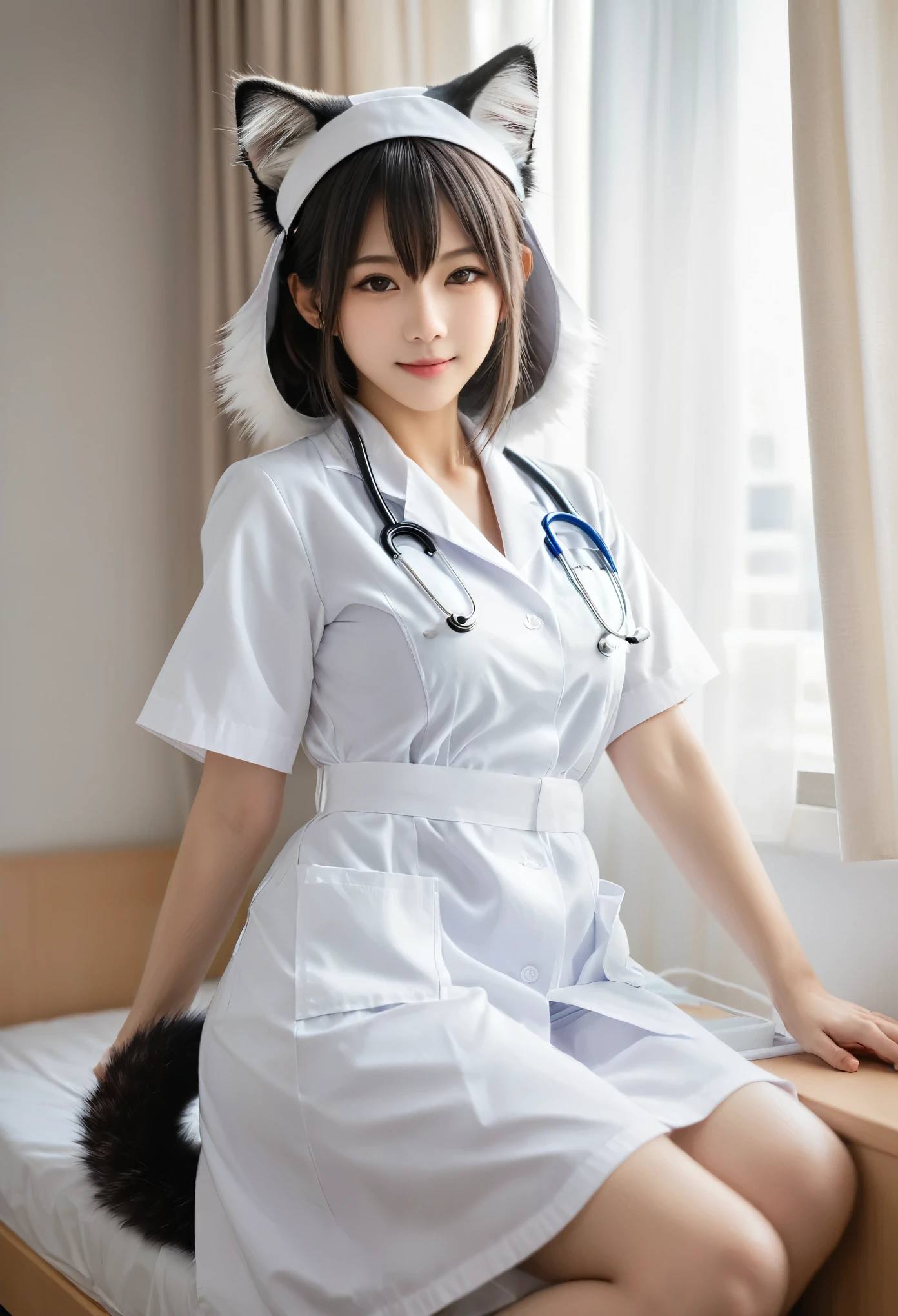 ((highest quality)), ((masterpiece)), (get used to it), perfect face, fox girl, Beautiful woman, public, A tail is growing, she has a fluffy tail, she has a fox tail, she wags her tail, smile, first round, She is wearing a nurse uniform, beautiful hips, big breasts , big tail
