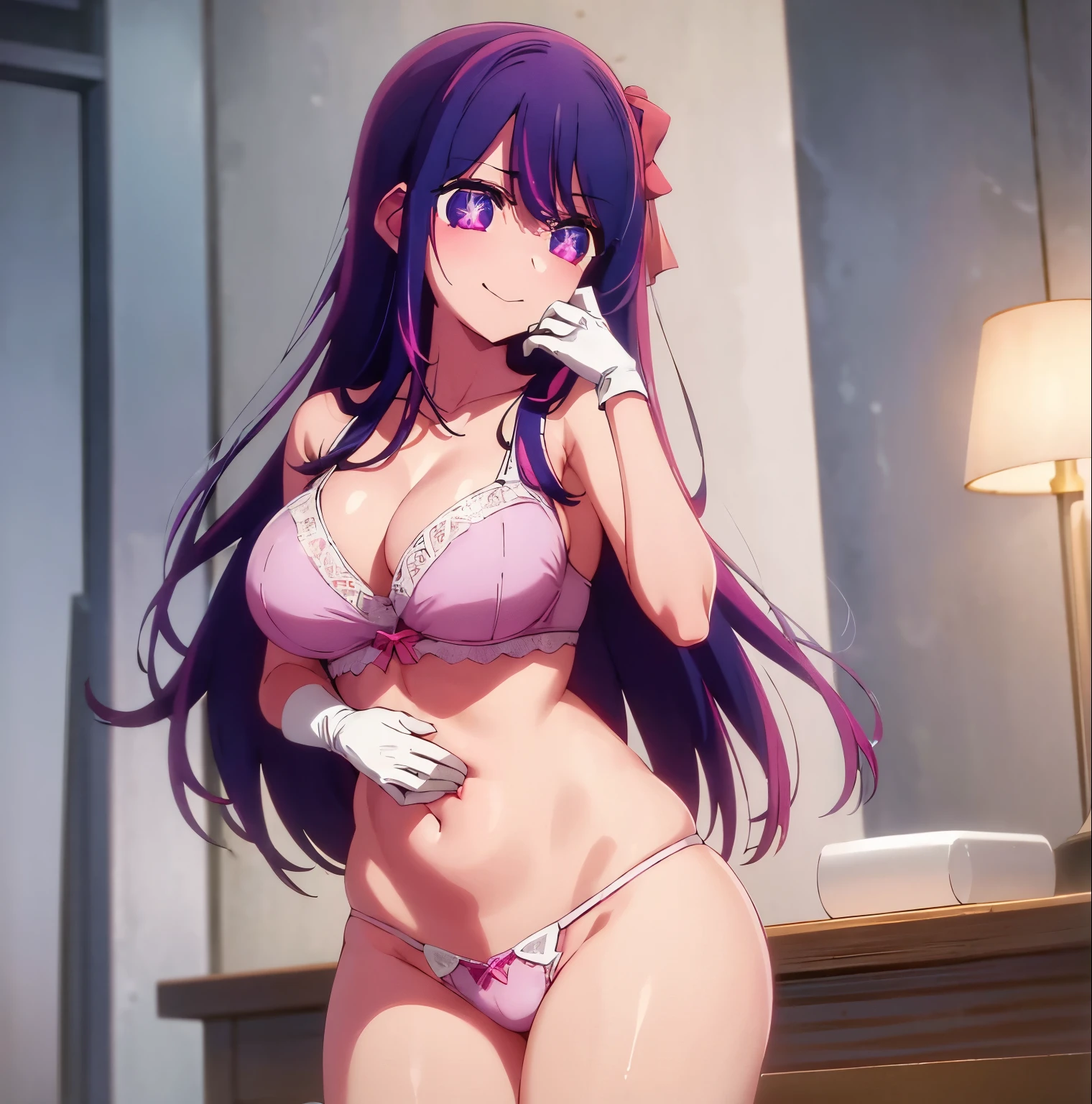 ​masterpiece、(1 girl in:1.2)、purple color  hair、pink  dress、big eye,seducitve smile、Ai Hoshino、 ((nsfw):1.1),cowboy shot,show tits,free the nipple,naked