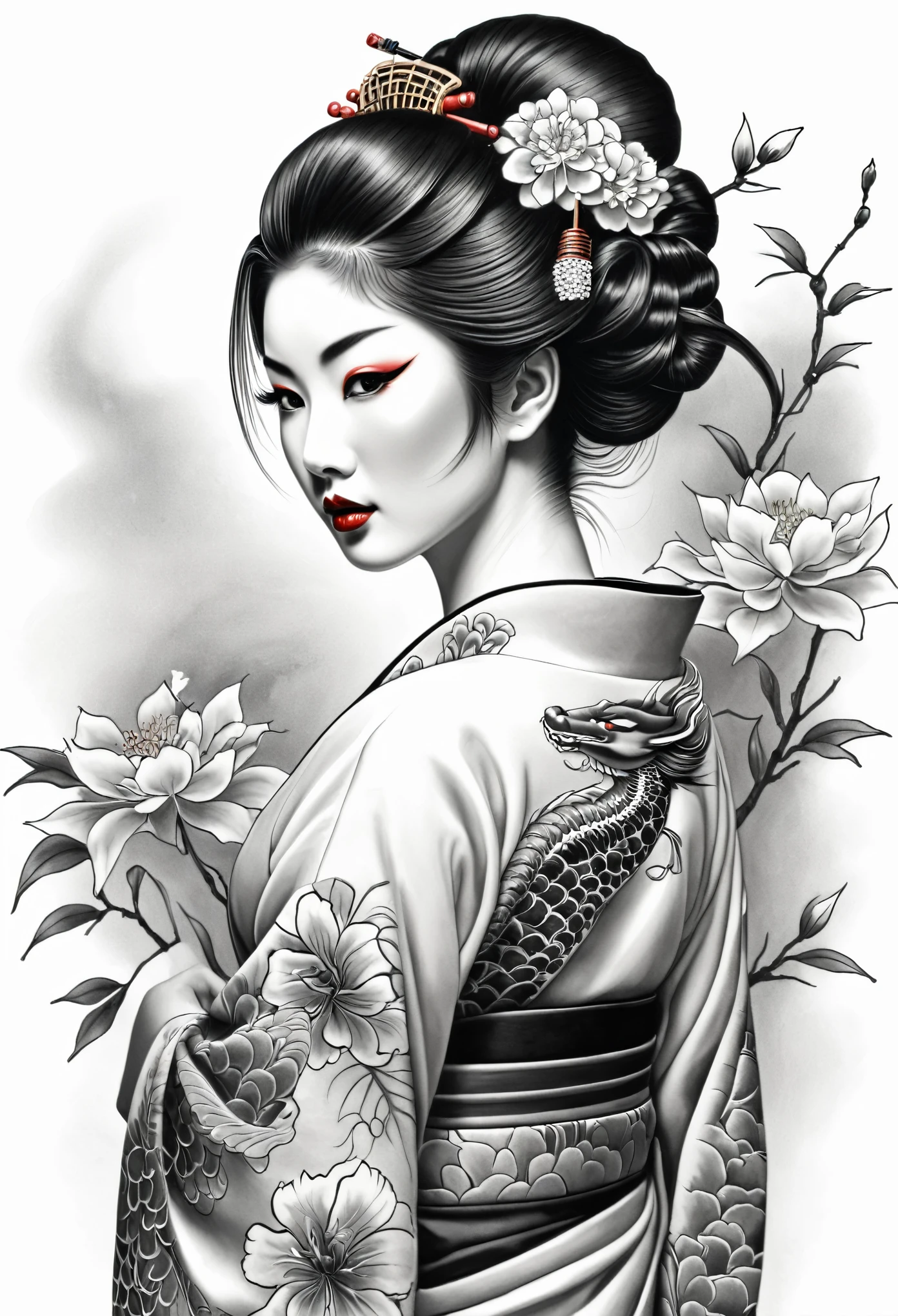 A detailed black and white drawing of a geisha done with a fine black pencil. The view from behind, up to the waist, she looks at the viewer, turning the head to the left shoulder. Japanese Geisha Makeup, elegant tattoos with dragons and flowers. complicated hairstyle, red flowers in hair. long eyelashes, a very beautiful and slender young Japanese woman, white skin. Master's drawing, very high quality, photographic accuracy.
