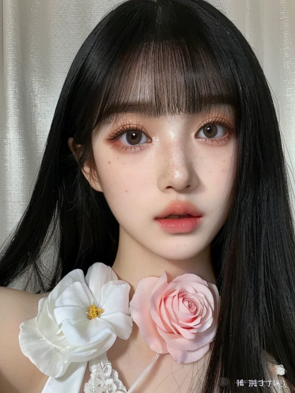 a close up of a woman with long black hair and a flower in her hair and green cian eyes, popular south korean makeup, ulzzang, kawaii realistic portrait, beautiful aesthetic face, popular korean makeup, black hair and large eyes, belle delphine, detailed face of a asian girl, pale goth beauty, china doll face, pale porcelain white skin, black hime cut hairskydoll noa, artdoll, pale milky white porcelain skin, dollfie dream, anime barbie doll, detailed body and eyes, ball jointed doll, 🤤 girl portrait, hyper realistic aesthetic, small freckles, hyper realistic teenager, barbie doll, freckles!!!, detailed face, realistic, Físico : el abdomen más pequeño jamás visto, jisoo from blackpink, popular south korean makeup, quality detailed ,(beautiful makeup :1.2),