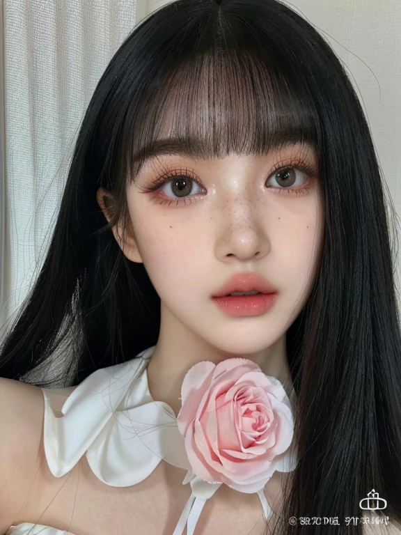 a close up of a woman with long black hair and a flower in her hair and green cian eyes, popular south korean makeup, ulzzang, kawaii realistic portrait, beautiful aesthetic face, popular korean makeup, black hair and large eyes, belle delphine, detailed face of a asian girl, pale goth beauty, china doll face, pale porcelain white skin, black hime cut hairskydoll noa, artdoll, pale milky white porcelain skin, dollfie dream, anime barbie doll, detailed body and eyes, ball jointed doll, 🤤 girl portrait, hyper realistic aesthetic, small freckles, hyper realistic ager, barbie doll, freckles!!!, detailed face, realistic, Físico : el abdomen más pequeño jamás visto, jisoo from blackpink, popular south korean makeup, quality detailed ,(beautiful makeup :1.2),