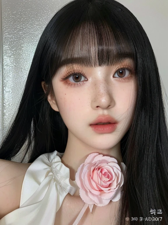 a close up of a woman with long black hair and a flower in her hair and green cian eyes, popular south korean makeup, ulzzang, kawaii realistic portrait, beautiful aesthetic face, popular korean makeup, black hair and large eyes, belle delphine, detailed face of a asian girl, pale goth beauty, china doll face, pale porcelain white skin, black hime cut hairskydoll noa, artdoll, pale milky white porcelain skin, dollfie dream, anime barbie doll, detailed body and eyes, ball jointed doll, 🤤 girl portrait, hyper realistic aesthetic, small freckles, hyper realistic teenager, barbie doll, freckles!!!, detailed face, realistic, Físico : el abdomen más pequeño jamás visto, jisoo from blackpink, popular south korean makeup, quality detailed ,(beautiful makeup :1.2),