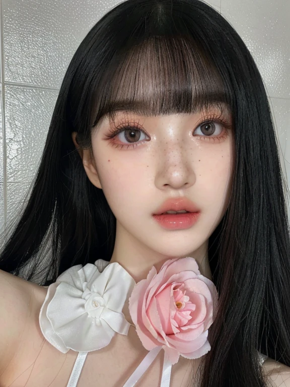 a close up of a woman with long black hair and a flower in her hair and green cian eyes, popular south korean makeup, ulzzang, kawaii realistic portrait, beautiful aesthetic face, popular korean makeup, black hair and large eyes, belle delphine, detailed face of a asian girl, pale goth beauty, china doll face, pale porcelain white skin, black hime cut hairskydoll noa, artdoll, pale milky white porcelain skin, dollfie dream, anime barbie doll, detailed body and eyes, ball jointed doll, 🤤 girl portrait, hyper realistic aesthetic, small freckles, hyper realistic teenager, barbie doll, freckles!!!, detailed face, realistic, Físico : el abdomen más pequeño jamás visto, jisoo from blackpink, popular south korean makeup, quality detailed ,(beautiful makeup :1.2),