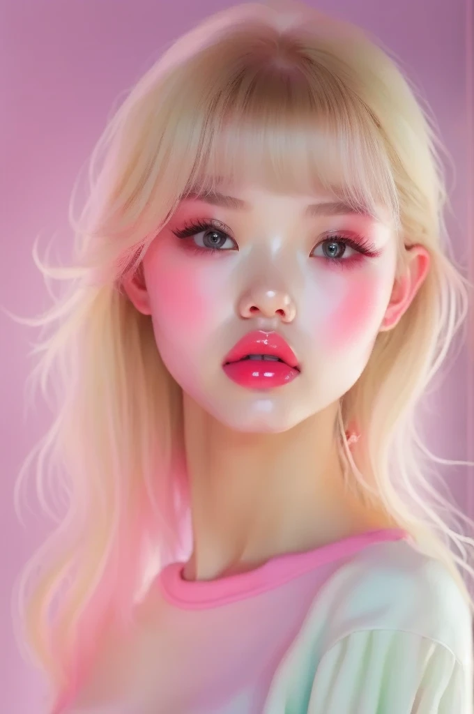 (detailed), studio lighting, hyper detailed, realistic portrait, Perfect Face.1 teenage girl, 、Blue eyes with well-defined double eyelids and long eyelashes, in the white girly dressroom backdrop, realistic face, detailed skin, Blonde long bob hair with pink ends 、bangs covering forehead, extremely detailed lips, large mouth, full, plump, glossy light pink lips, natural-looking makeup, transparent lip gloss, with off-shoulder tops, photorealistic, ((Best Quality)), ((masterpiece)), high quality, 8k, masterpiece