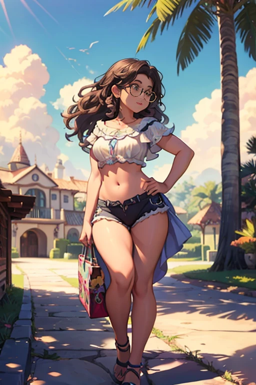 Female, Curvy legs, sexy, solo, cinematic, ilumination, Glasses, small breasts,hands on the back, smile, sweat, pool, naked, short shorts, topless,