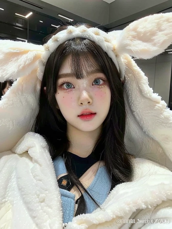 a close up of a person wearing a bunny ears costume and blue like eyes, ultrarealistic sweet bunny girl, lalisa manobal, with long floppy rabbit ears, ulzzang, belle delphine, with bunny ears, with big rabbit ears, white hime cut hairstyle, cute natural anime face, ruan cute vtuber, fluffy bangs, anime girl in real lifeskydoll noa, artdoll, pale milky white porcelain skin, dollfie dream, anime barbie doll, detailed body and eyes, ball jointed doll, 🤤 girl portrait, hyper realistic aesthetic, small freckles, hyper realistic teenager, barbie doll, freckles!!!, detailed face, realistic, Físico : el abdomen más pequeño jamás visto, jisoo from blackpink, popular south korean makeup, quality detailed ,(beautiful makeup :1.2), 