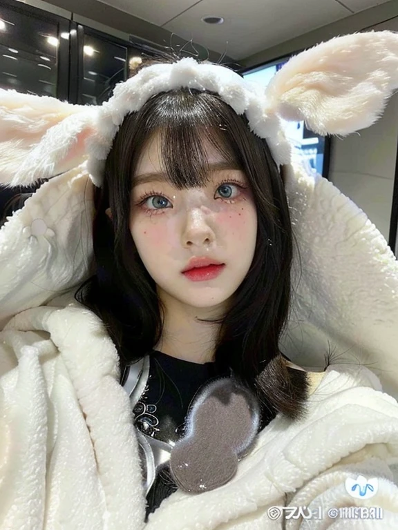 a close up of a person wearing a bunny ears costume and blue like eyes, ultrarealistic sweet bunny girl, lalisa manobal, with long floppy rabbit ears, ulzzang, belle delphine, with bunny ears, with big rabbit ears, white hime cut hairstyle, cute natural anime face, ruan cute vtuber, fluffy bangs, anime girl in real lifeskydoll noa, artdoll, pale milky white porcelain skin, dollfie dream, anime barbie doll, detailed body and eyes, ball jointed doll, 🤤 girl portrait, hyper realistic aesthetic, small freckles, hyper realistic teenager, barbie doll, freckles!!!, detailed face, realistic, Físico : el abdomen más pequeño jamás visto, jisoo from blackpink, popular south korean makeup, quality detailed ,(beautiful makeup :1.2), 