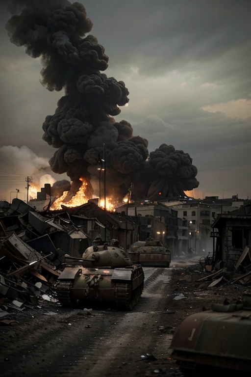 best quality,4k,8k,highres,masterpiece:1.2,ultra-detailed,realistic:1.37,modern war cenary,explosions in the background,armored vehicles advancing,smoke and dust filling the air,deadly combat, soldiers in tactical gear, high-tech weaponry, intense gunfire,helicopters circling overhead,crumbling buildings and ruins,scorched earth, fiery explosions,desolate landscape,war-torn cityscape,flickering streetlights, night-time setting,urban warfare,fear and tension,hopelessness and despair,dark and gritty atmosphere