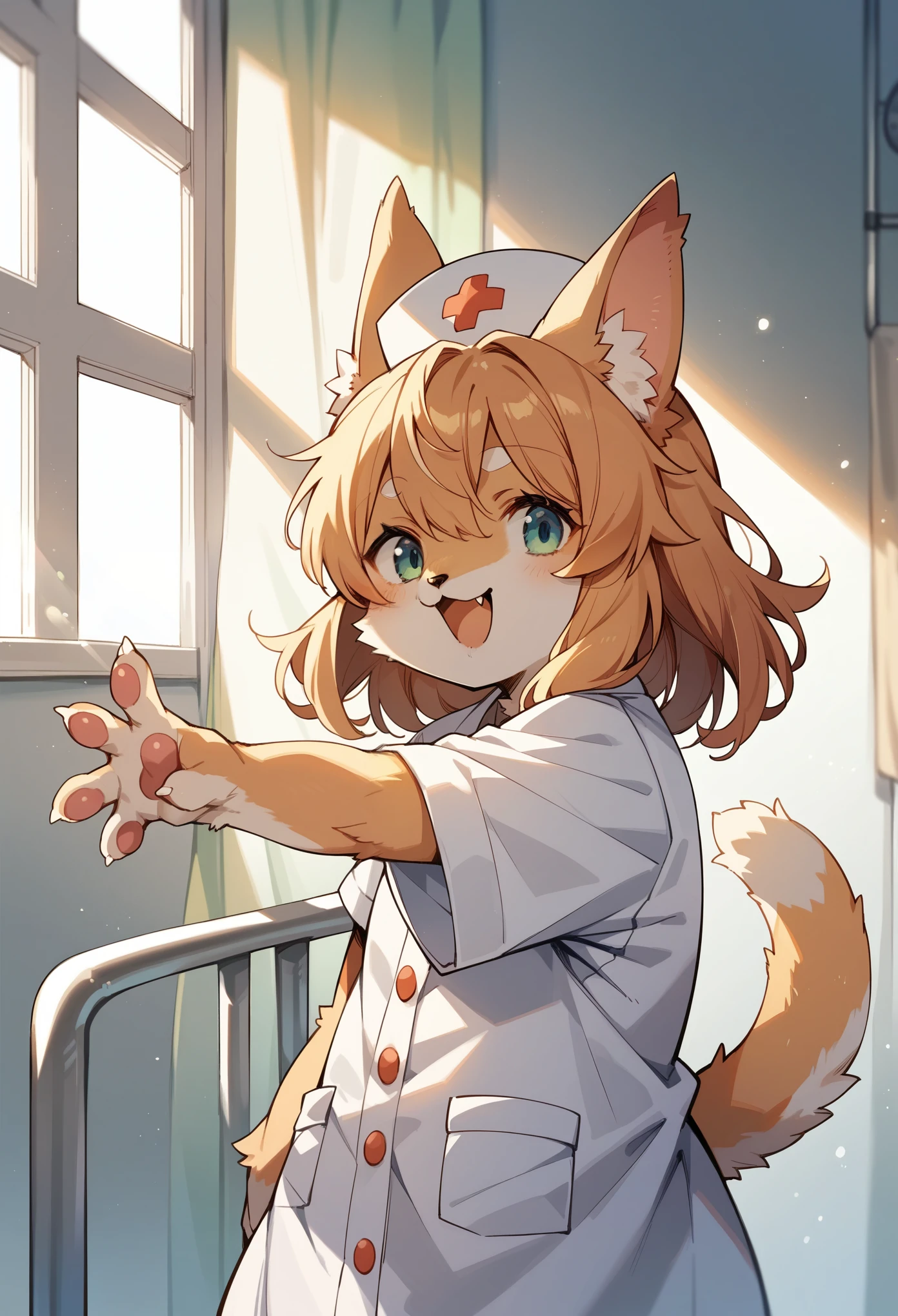 rating_safe, score_9, score_8_up, score_7_up, score_6_up, score_5_up, score_4_up, hires, source_furry, cover page, Cat nurse reaching for me anxiously, Hospital room, White curtains, sunlight, window, nurse's outfit, absurdres, perfect anatomy(kemono, cute girl, solo focus)(furry anthro)(very detailed body fur)