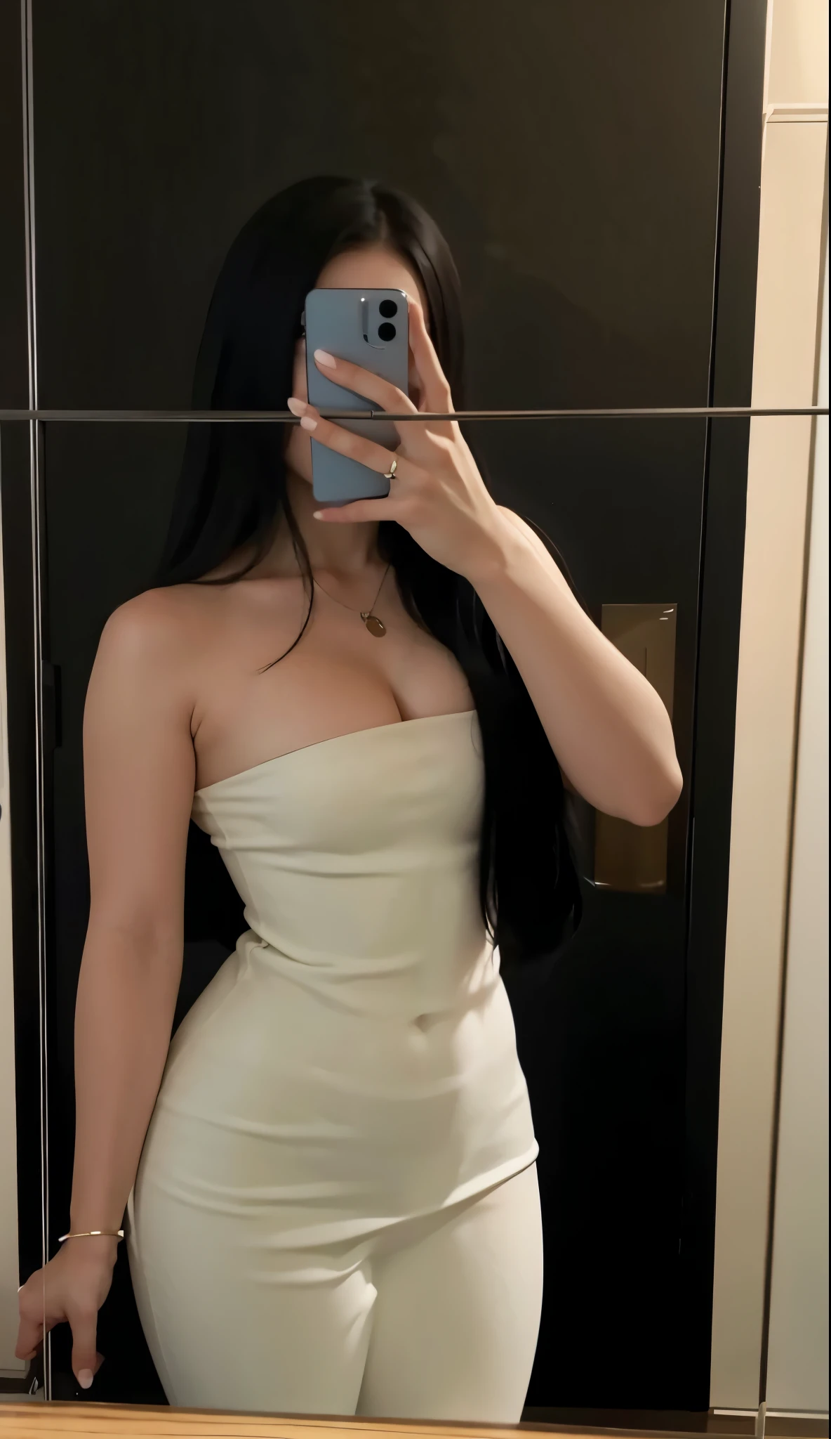 Elegant girl mirror selfie with sexy skimpy dress
