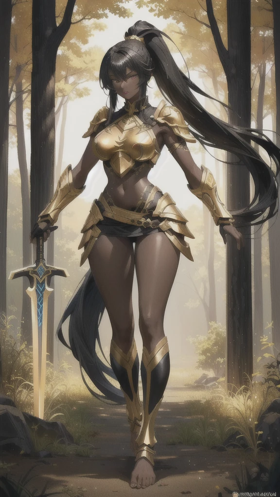 ((Simon Bisley)), Beautiful full-body woman, 30 years old, muscular and perfect body, medieval warrior with little clothing, tiny thong, golden metal bra, arm covered by a metallic armor, large breasts, generous neckline, holding a blood-stained sword, brave face, dark kingdom, sexy pose, walking in a forest