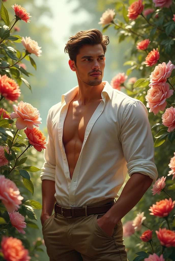 Behold a fashion editorial photo shoot featuring a photogenic and charming 26 year old male supermodel, ((reminiscent of Fernando Lindez)), a symmetric young face adorned with natural blemishes and freckles:0.15, short curly hair, and a natural pale skin tone that embodies youthfulness and athleticism, skinny and lean body, pretty cute, Exuding a unique sexy allure with his exotic look, in a David Austin Rose gardens adorned with wild colorful roses flowers, white shirt, ((wearing white Jockstrap with thick cock line)), bulge focus, the focus subtly directed towards it. stand over the camera perspective, interesting dynamic view from below, amazing composition, HDR, volumetric lighting, ultra quality, elegant, highly detailed, masterpiece, best quality, high resolution, Against the backdrop of vibrant greenery, he is captured in a full-body pose, emphasizing his captivating presence and the intricate details of the surroundings. The photograph is taken with a Canon EOS R6 camera using an 85mm f/1.8 lens at an f/2.2 aperture, utilizing natural light. Employing three-point lighting and incorporating 3D animation shadows enhances his features and adds depth to the composition. The careful layering and arrangement of his body parts and surrounding objects ensure a flawless composition. This masterpiece celebrates the beauty of the male form and invites viewers to immerse themselves in a world of sophistication and charm. The seductive lighting and intricate details, combined with a dramatic composition, invite viewers to revel in the essence of a fun-filled day, brimming with joy and relaxation. Attention is meticulously paid to the layers and arrangement of his body parts and surrounding objects, ensuring correct body structure and photo distance. The romantic atmosphere, paired with a lively and extremely gorgeous background, enhances the overall allure of this exquisite image