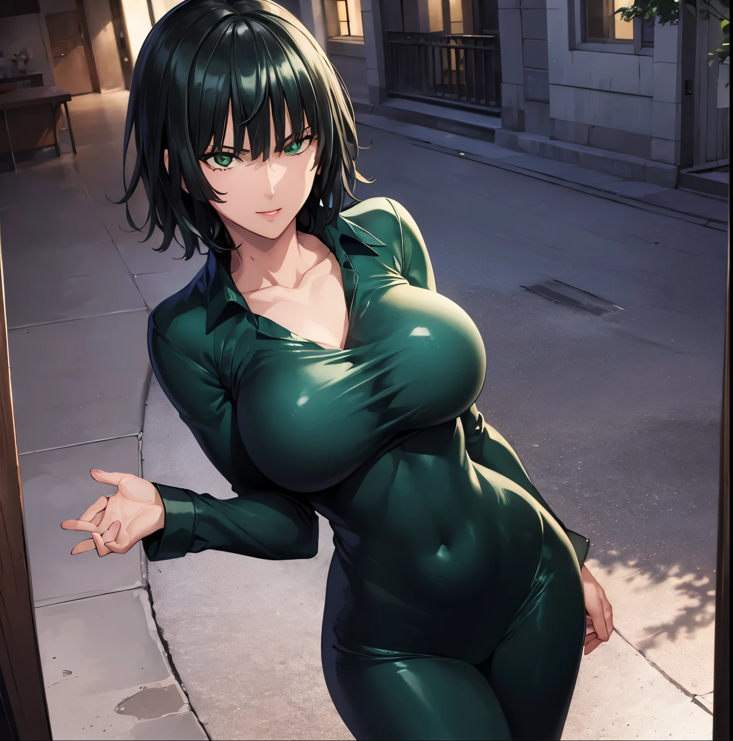 ((1girl)), ((Sola)), Fubuki, ((Extremely detailed CG unity 4k wallpaper)), (Masterpiece), (ultra quality), (Ultra detailed), (best illustration), (best shadow ), (extremely detailed), looking at viewer, (absurdities), (detailed background), curvy body, dynamic pose, cowboy photo, large breasts, narrow waist, wide hips, medium thighs, butt round, black hair, (green eyes: 1.2), short short hair, big breasts, jewelry, necklace, dominatrix, tight clothing, dark green leather suit, , smile, open mouth, seductive, standing, cowboy photo, leaning forward, leaning, backlight, ((only)), ((Standing:1.4, interior, apartment, window, city, cityscape, streets, night ,City lights, arms behind the back)), looking forward,((focus on breasts)), point of view: (from above), perfect anatomy, perfect hands