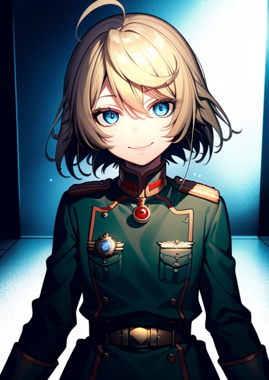 Degurechaff, military uniform, smile, teen, blue eyes, psychotic eyes, detailed face, vibrant colors, sharp focus, intense lighting, surrealistic atmosphere, wartime setting, magical elements