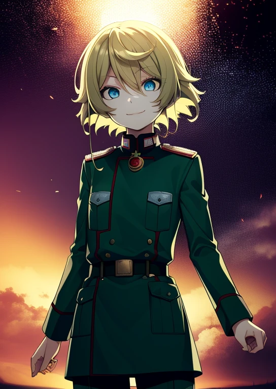 Degurechaff, military uniform, smile, teen, blue eyes, psychotic eyes, detailed face, vibrant colors, sharp focus, intense lighting, surrealistic atmosphere, wartime setting, magical elements