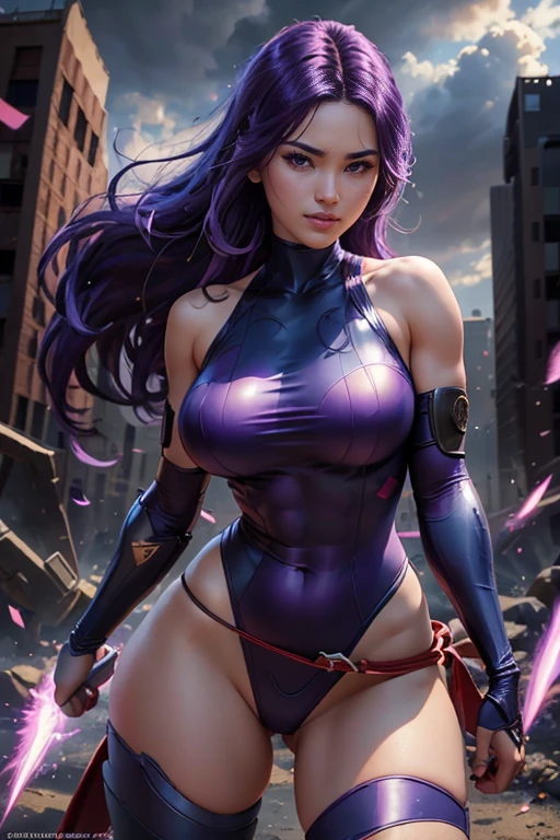 Psylocke da Marvel,(best qualityer,4K,8k,high resolution,work of art:1.2)(weather: cloudy), new york background, city ruins, wide hips, long curly hair, purple hair, sleeveless leotard, arm long fingerless gloves, long red belt, thigh high stockings, hugh heels, light makeup, fighting stance, ultra detailed,portrait,realistic,beautiful detailed blue eyes, beautiful detailed lips,extremely detailed eye and face, long eyelashes,average, large breasts,flying hair,beaming smile, sexy smile,powerful girl in combat, bright coloured, dramatic lighting, purple sparks,