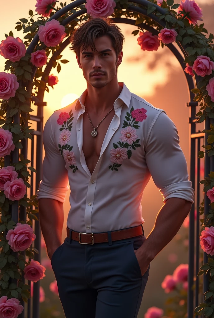 A young man, naughty man, offwhite, Parisian, grayish green eyes, medium tone blonde hair, medium short cut, wearing dark jeans, segurando lirios offwhites, wearing no shirt, with a mysterious smile on his face, in a bright room, wit? an open window showing the Eiffel Tower in the background, in the style of hentai art