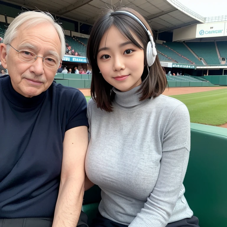 1 office lady and 1 old man sitting,close to each other, (his arm touching her breast:1.1),very cute face, bob hair, thin fabric turtleneck,headset,baseball stadium,perfect anatomy, masterpiece, best quality, perfect face