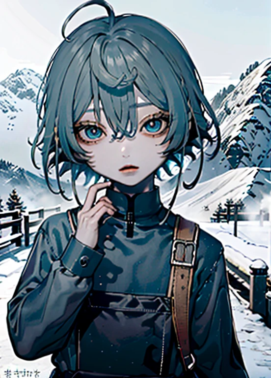 Best Quality、masutepiece、Ultra-detailed、face perfect、Extremely detailed、Extremely delicate、1 boy, (cute little), Angel, lightblue hair、half up、place々Blue Mesh、blue and yellow gradient eyes、Noble attire、Black coat、gray collared shirt、Black pants、snow mountains、snow blowing