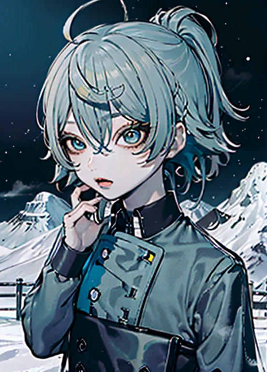 Best Quality、masutepiece、Ultra-detailed、face perfect、Extremely detailed、Extremely delicate、1 boy, (cute little), Angel, lightblue hair、half up、place々Blue Mesh、blue and yellow gradient eyes、Noble attire、Black coat、gray collared shirt、Black pants、snow mountains、snow blowing