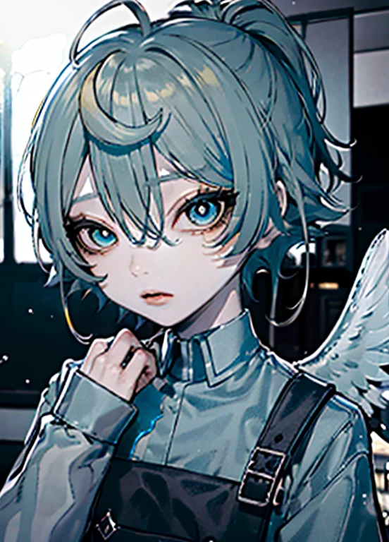 Best Quality、masutepiece、Ultra-detailed、face perfect、Extremely detailed、Extremely delicate、1 boy, (cute little), Angel, lightblue hair、half up、place々Blue Mesh、blue and yellow gradient eyes、Noble attire、Black coat、gray collared shirt、Black pants、snow mountains、snow blowing