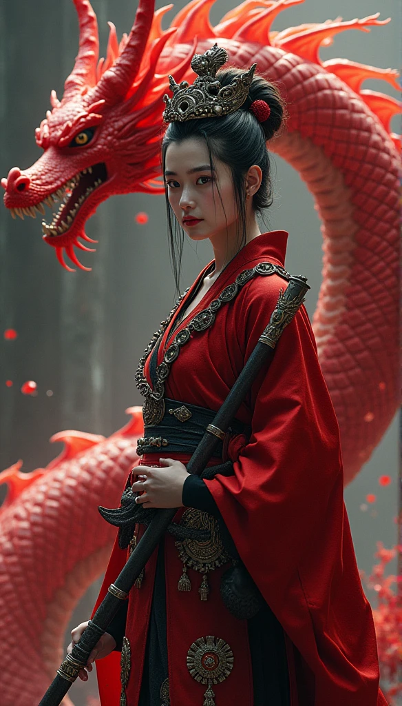 A warrior prince.
She is an American and a 1 teenager..
Her medium black hair with red tips and her blue eyes.
The prince's clothing must be black with red. Behind him is a black dragon phoenix..
It must have American features..