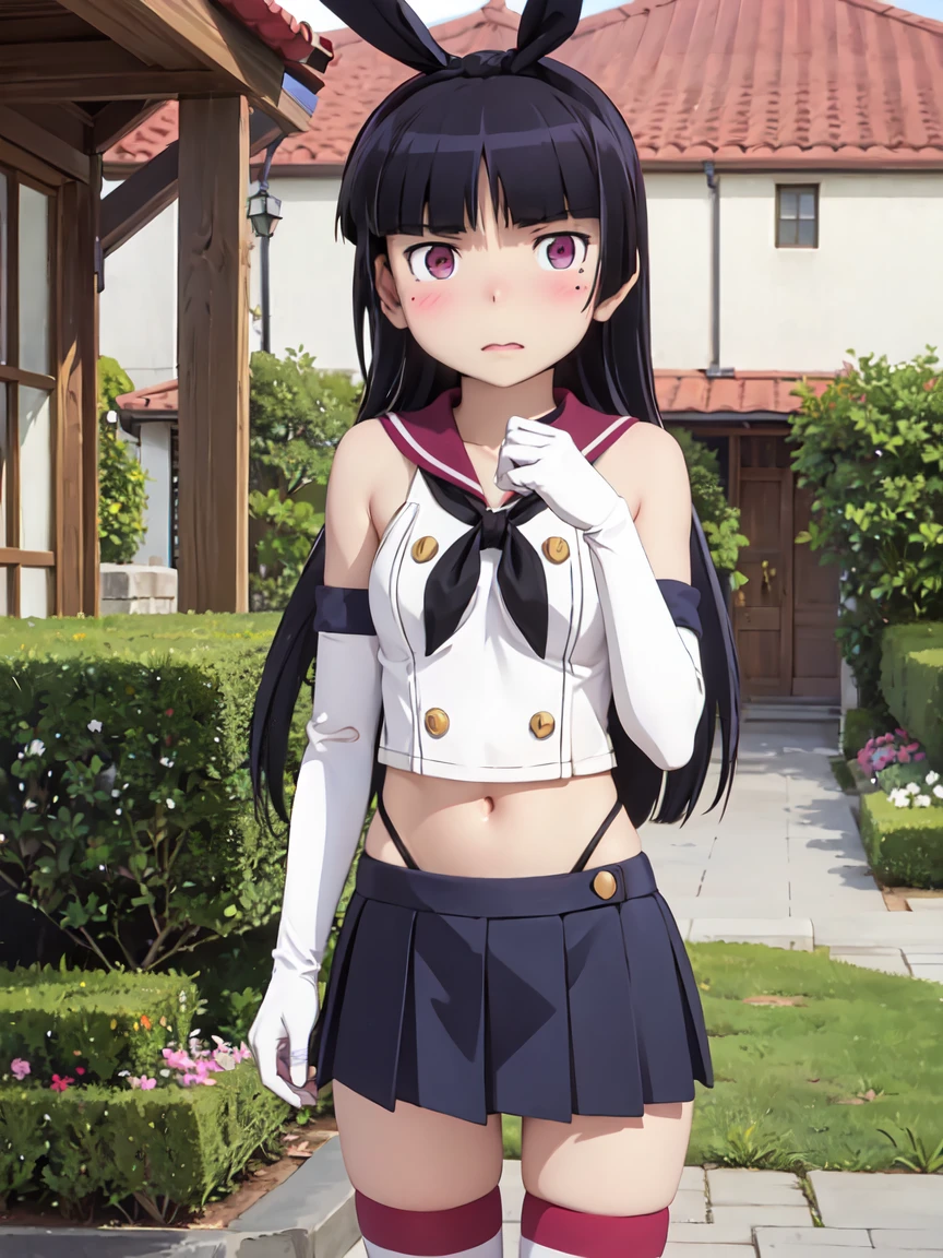 (ruri gokou), 1 Female, solo, shimacos,
crop top,
microskirt,
thighhighs,
elbow gloves, Hime cut, Black Hair, Long Hair, mole, blush, Red ribbon, garden, 