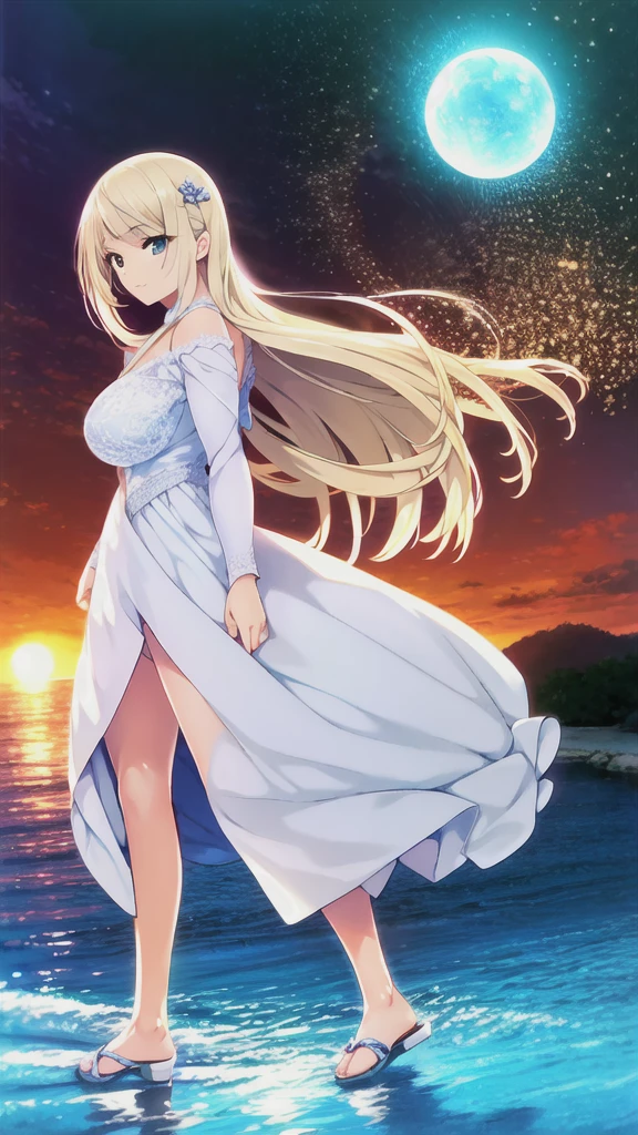 1 mature female, 42yo, (((ultra quality, ultra detailed, ultra highresolution, Hires.fix, ultra delicate, extreme detailed, 8k))), master piece, anime, anime screencap, sharp focus, crisp quality, (((brightly colored))), solo, (((in the water front))), sunset, horizon, standing, close stance, looking away, (((beautiful detailed face))), (((beautiful detailed eye))), (((beautiful body))), long blonde hair, vaguely shining hair, parted blunt bangs, straight hair, (((hair ornaments))), blue eyes, squinting eyes, kind smile, shiny skin, wearing white and blue embroidered ball gown outfit, bare shoulders, long sleeve, white sandal, large breasts