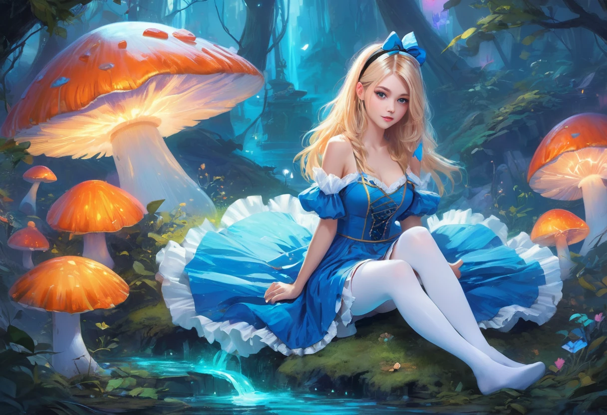 a beautiful 20 year old blonde woman with big messy hair in a blue dress, white stockings, black headband, cleavage, holding a glowing mushroom, sitting on a giant mushroom, fantasy art style, rossdraws cartoon vibrant, alice x. zhang, alice in wonderland cyberpunk, cute detailed digital art, colorfull digital fantasy art, digital fantasy art ), glossy digital painting, rossdraws pastel vibrant, rossdraws 2. 5, rossdraws 1. 0