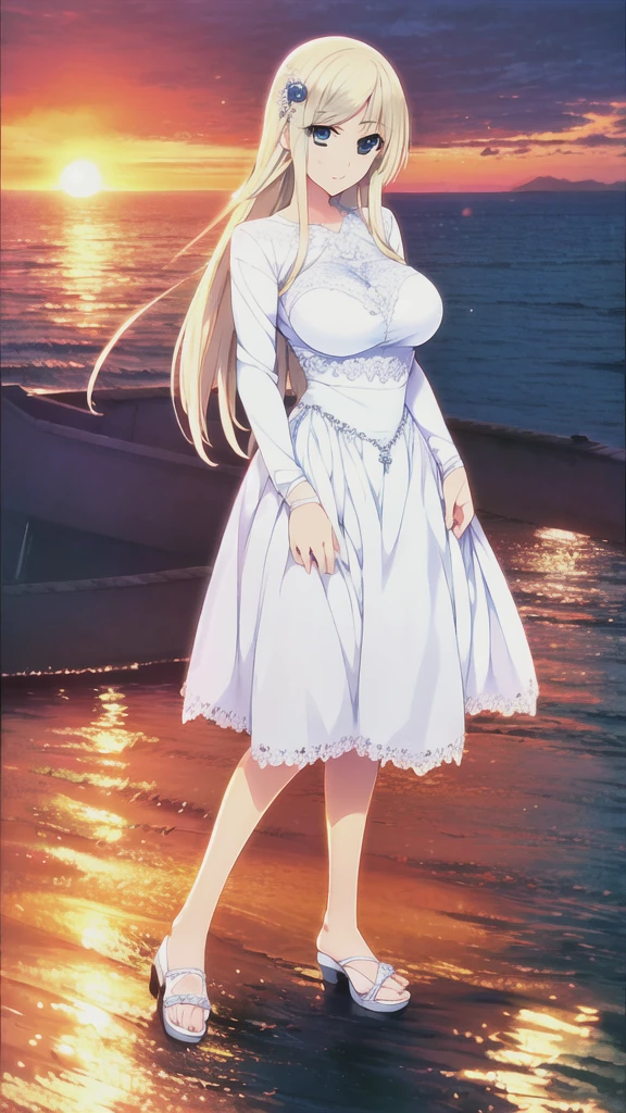 1 mature female, 42yo, (((ultra quality, ultra detailed, ultra highresolution, Hires.fix, ultra delicate, extreme detailed, 8k))), master piece, anime, anime screencap, sharp focus, crisp quality, (((brightly colored))), solo, (((in the water front))), sunset, horizon, standing, close stance, looking away, (((beautiful detailed face))), (((beautiful detailed eye))), (((beautiful body))), long blonde hair, vaguely shining hair, parted blunt bangs, straight hair, (((hair ornaments))), blue eyes, squinting eyes, kind smile, shiny skin, wearing white and blue embroidered ball gown outfit, bare shoulders, long sleeve, white sandal, large breasts