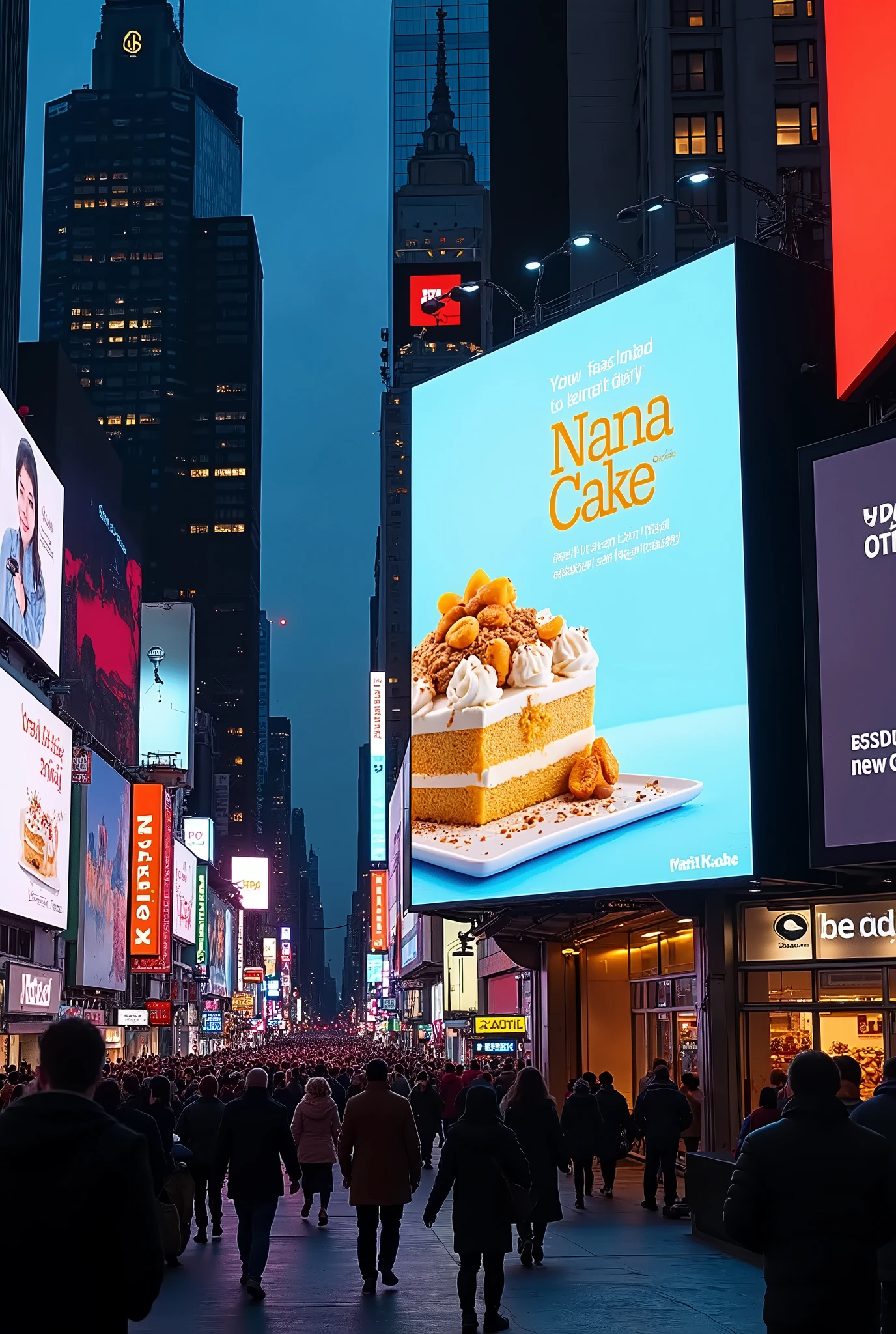Billboard at night with fried chicken, watermelon, koolaid on it in a city