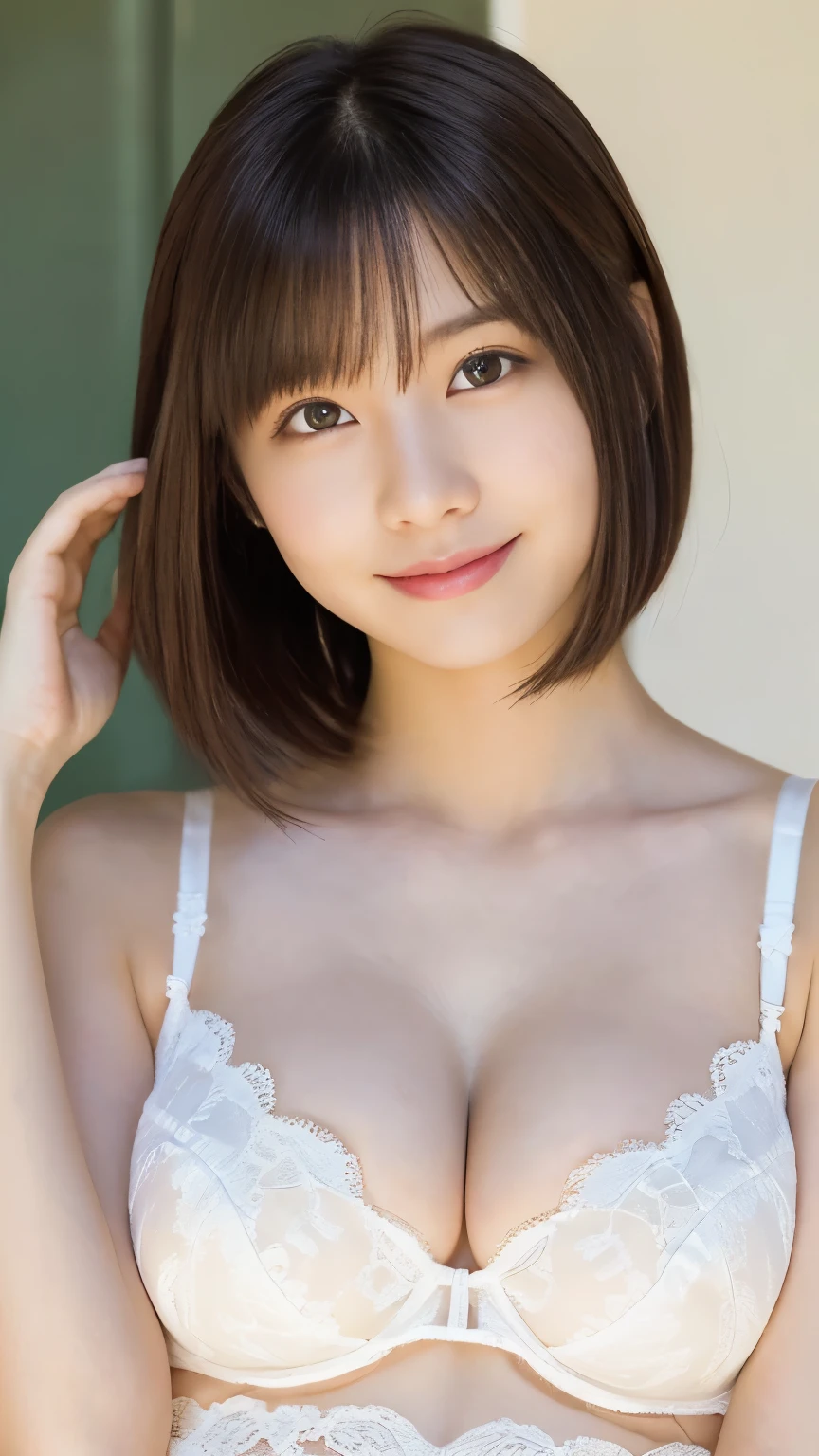 1 girl, (White lace bra:1.5、White panties、The clothes are see-through、Protruding nipples:1.5、Cleavage), Beautiful Japanese actresses, (RAW Photos, highest quality), (Realistic, Photorealistic:1.4), masterpiece, Very delicate and beautiful, Very detailed, wonderful, finely, Very detailed CG Unity 8k wallpaper, Very detailed, High resolution, Soft Light, Beautiful detailed girl, Very detailed目と顔, Beautiful and detailed nose, Beautiful and detailed, looking at the camera、Perfect Anatomy, Slender body, smile、((Hands behind head、short hair:1.5, Narrow waist、Sexy pose:1.5))