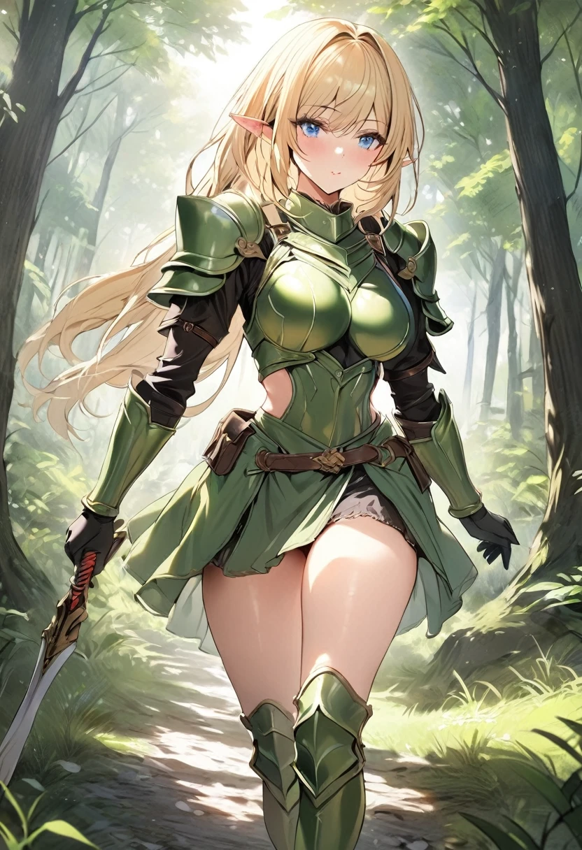 ((1 woman in medieval armor)),((???? pussy)),((in a forest)),((dirty look, embarrassed face)),((with lots of bubian hair)),((yellow hair with ???, gray eyes)),((facing the viewer, legs open showing pussy, with a sword on the back)),