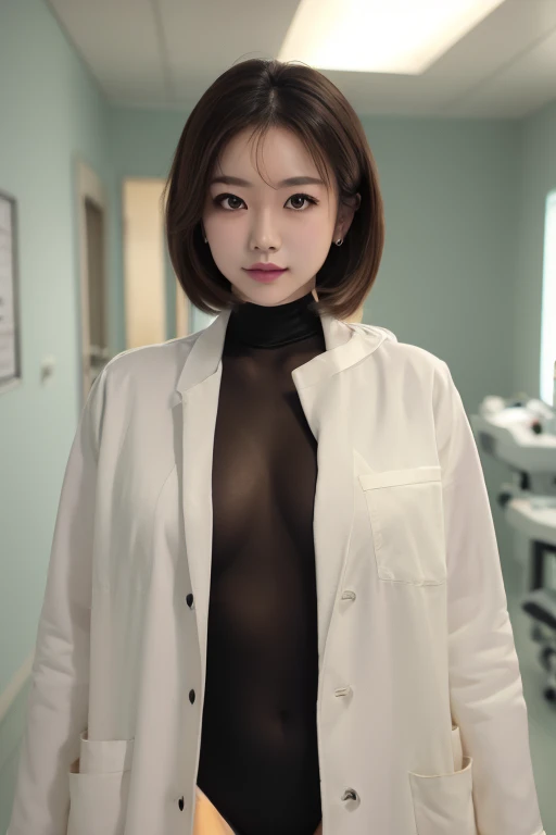 Realistic beautiful doctor、Stunningly beautiful、Doctor in white coat, Colored Shirt、(Best Quality、8k、32K、masterpiece、NFFSW:1.3)、((Ahegao)),Ultra-high resolution,(Realistic:1.4),RAW Photos, Detailed face,,Beautiful Hair, ((Doctor Style)) 、(((Layered、She is wearing a black leotard and a white coat))), Natural Makeup,, Big ample breasts、Inside the hospital, Detailed Background、perfect lighting, Written boundary depth, Beautiful shadow gradation,