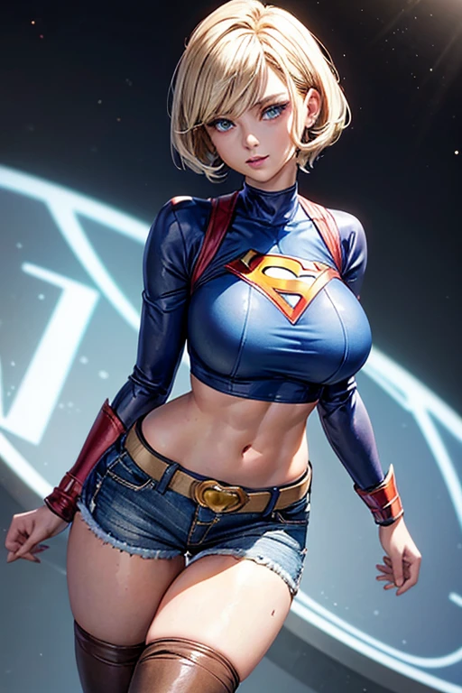 Supergirl's body defined thick thighs and cybernetic body parts, short underwear, (((morena com olhos verdes))), ((Superman S symbol on the chest)), ((short hair)), 1 girl