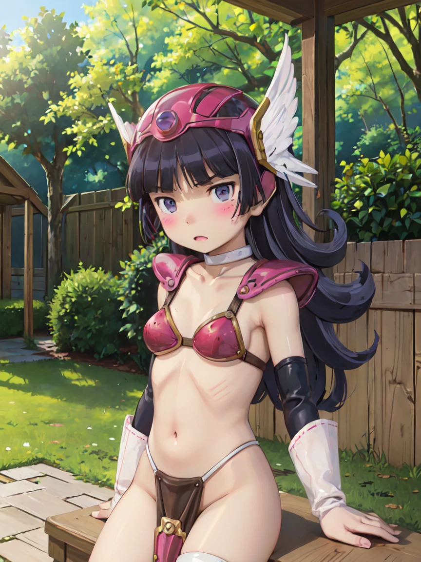 (ruri gokou), 1 Female, solo, (edgDQ),
wearing edgDQ_armor,
bikini armor, winged helmet,
check the rest in prompt, Hime cut, Black Hair, Long Hair, mole, blush, Red ribbon, garden, 