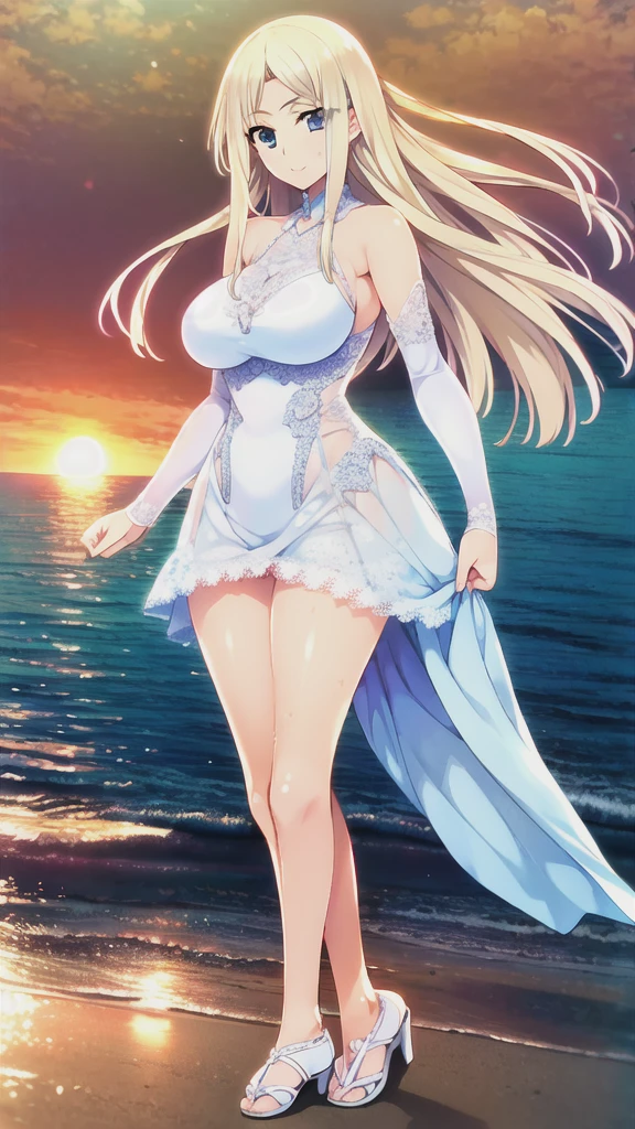 1 mature female, 42yo, (((ultra quality, ultra detailed, ultra highresolution, Hires.fix, ultra delicate, extreme detailed, 8k))), master piece, anime, anime screencap, sharp focus, crisp quality, (((brightly colored))), solo, (((in the water front))), sunset, horizon, standing, close stance, looking away, (((beautiful detailed face))), (((beautiful detailed eye))), (((beautiful body))), long blonde hair, vaguely shining hair, parted blunt bangs, straight hair, (((hair ornaments))), blue eyes, squinting eyes, kind smile, shiny skin, wearing white and blue embroidered ball gown outfit, bare shoulders, long sleeve, white sandal, large breasts